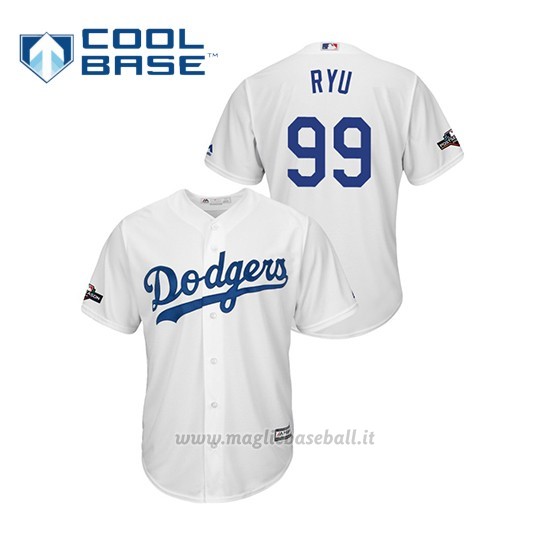 Maglia Baseball Uomo Los Angeles Dodgers 99 Hyun Jin Ryu 2019 Postseason Cool Base Bianco